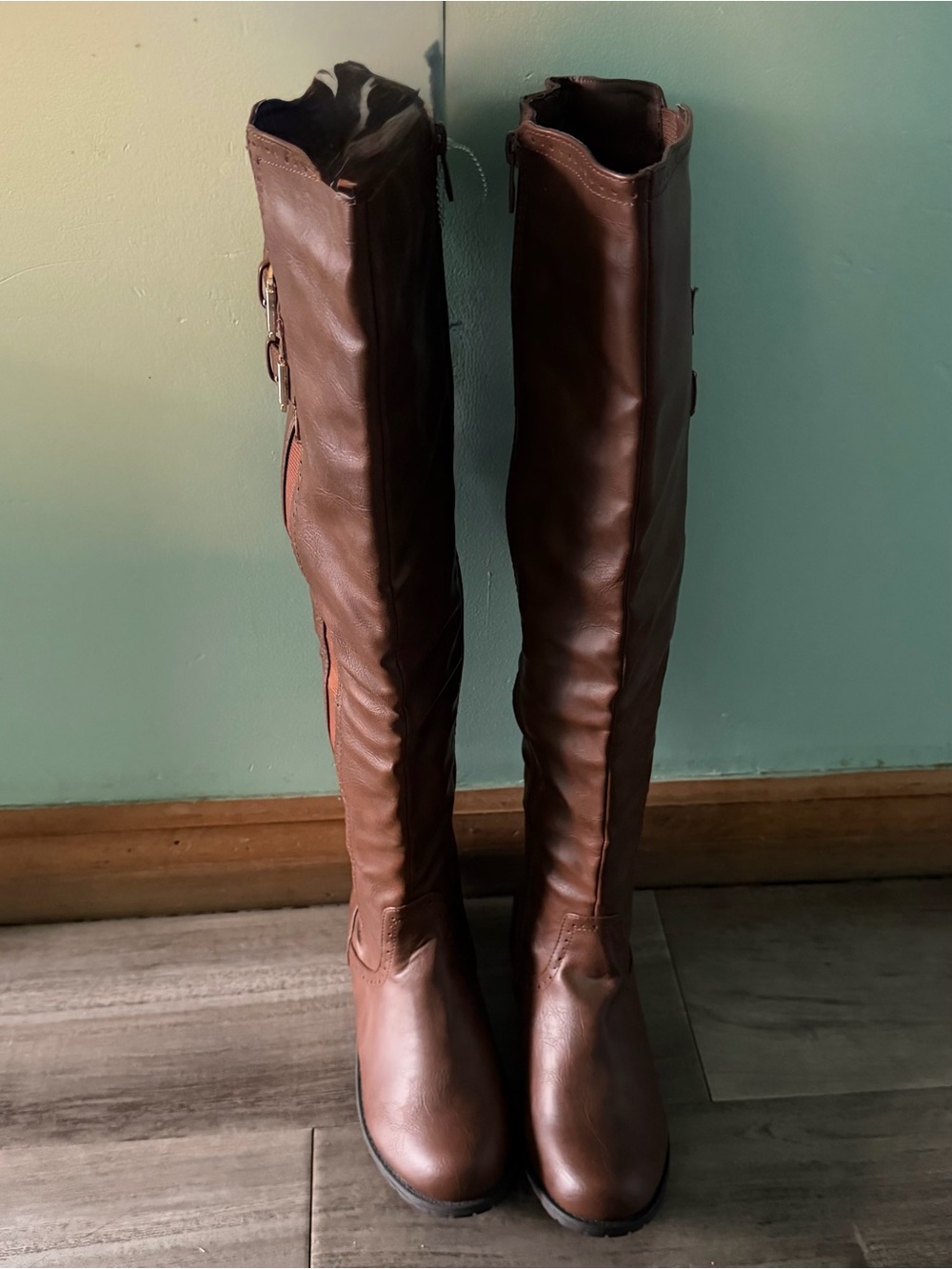 Faux Leather Over-the-Knee Riding Boots Brown with Buckles.